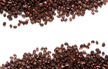 Coffee beans background isolated on white background with space. Top view. 