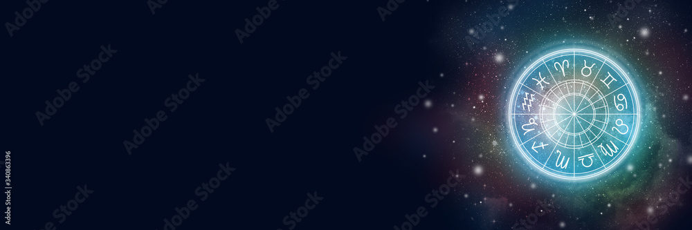 Astrological circle with the zodiac sign on a background of the starry sky. Illustration for horoscope. Banner. Copy space - obrazy, fototapety, plakaty 