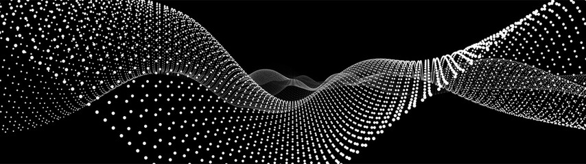 Poster - Abstract dynamic wave of particles. Wave of gradient dots on black background. Futuristic vector illustration.