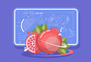 Ripe pomegranate, sliced fruit. Background in the style of Technical drawings.