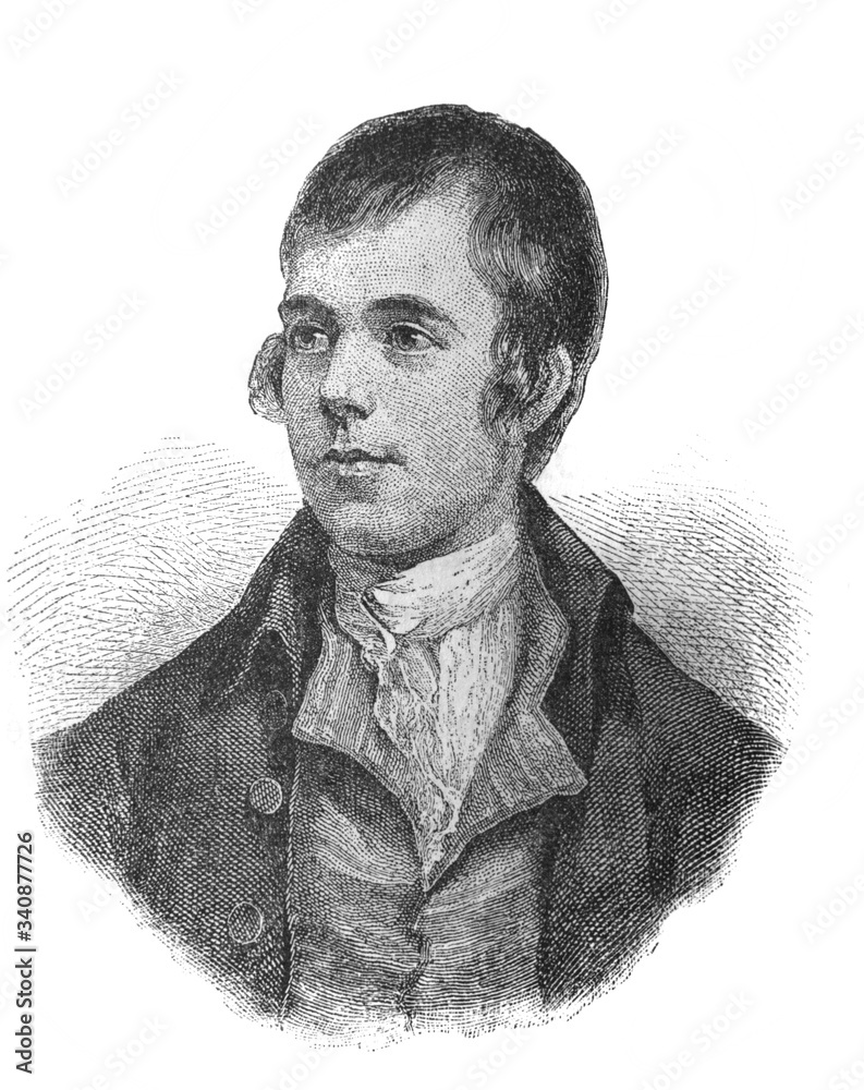 The Robert Burns's portrait, the National Bard, Bard of Ayrshire and the Ploughman Poet in the old book the Great Authors, by W. Dalgleish, 1891, London - obrazy, fototapety, plakaty 