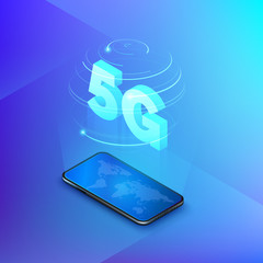 Poster - 5g fast mobile networks. mobile phone with global map on screen and hologram of web connection wirel