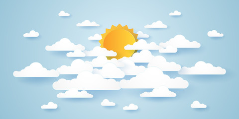 Wall Mural - cloudscape, blue sky with clouds and bright sun, paper art style