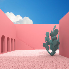 Aufkleber - Minimal style of pink architectural building with staircase and cactus on blue sky background. Arch details with shade and shadow on gravel. 3D rendering.