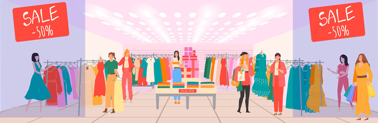 Shopping mall with shops, female cloths store sales and boutique room interior fashion customers happy women shopaholic cartoon vector illustration. Mall retail purchase for shoppers people.