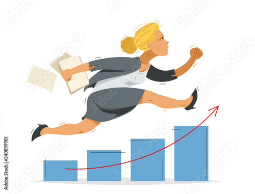 Business Woman Run And Hurry On Growth Chart Graph Vector Illustration Funny Comic Cute Cartoon Accountant Or Businesswoman Worker Or Employee In A Rush To Financial Success Buy This Stock Vector