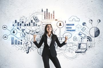 Poster - Happy businesswoman and drawing global marketing plan