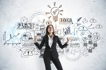 Wall Mural - Happy businesswoman with drawing marketing plan on concrete wall.