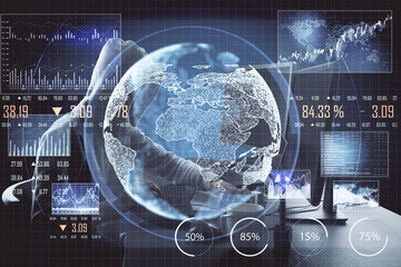 Poster - Hacker using computer with glowing global stock statistics.