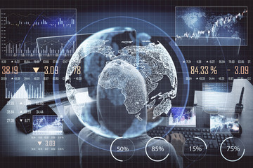 Poster - Hacker using computer with global business scheme and financial analytics.