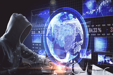 Poster - Hacker using computer with global business scheme