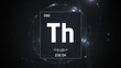3D illustration of Thorium as Element 90 of the Periodic Table. Silver illuminated atom design background with orbiting electrons name atomic weight element number in Arabic language