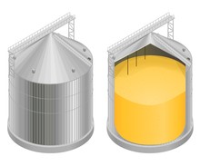Vector Illustration Of A Silo With Grain In A Section, A Diagram Of The Elevator Device, A Granary. Isometry