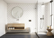 3d Modern Scandinavian Bathroom With White Tiles Round Mirror And Shower
