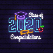 Class Of 202 Neon Bright Signboard, Light Banner. Vector. Neon Typography Design With Graduation Cap, Diploma, Apple. Template For The Graduation Party Poster, Flyer, Lighting Banner