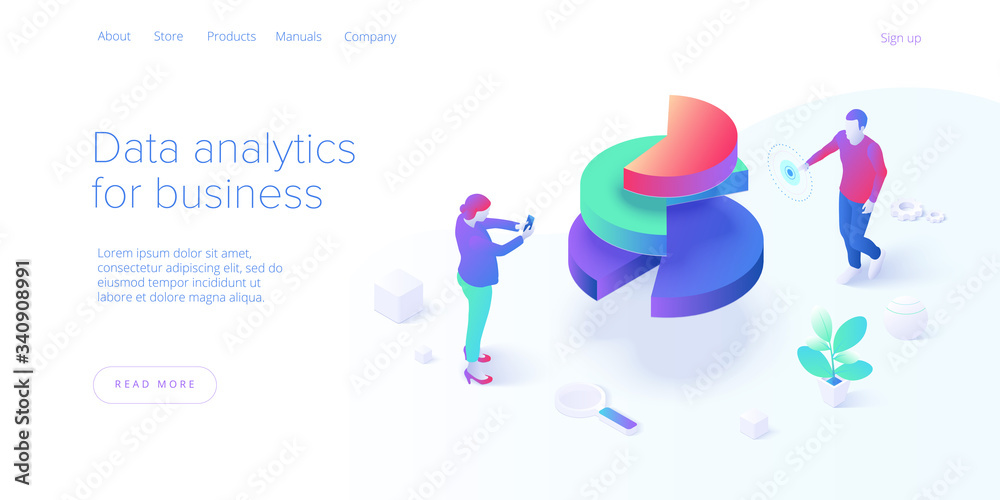 Business strategy isometric vector illustration. Data analytics for company marketing solutions or financial performance. Budget accounting or statistics concept. Website banner layout template. - obrazy, fototapety, plakaty 