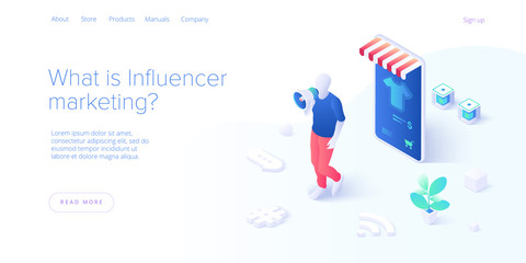 Online influencer marketing concept in flat vector illustration. Young blogger advertising goods via internet social media. Website or blog ad influence on potential buyers. Web banner layout template