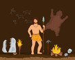 Hunting character male primitive age, wildlife ancient time flat vector illustration. Man stand with prehistoric spear old cave, simplistic wall drawing and skin bear floor bonfire, fish food.