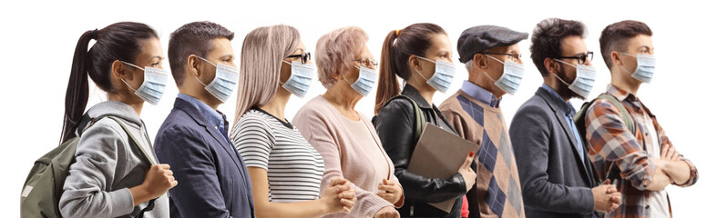 Sticker - Profile shot of many people wearing medical masks