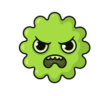 Green Germ, Virus, Bacterium Funny Monster, Cartoon Character. Flat Vector Illustration, Isolated On White Background.