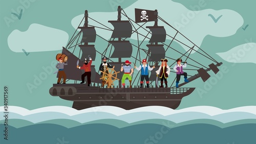 Cuadros en Lienzo Pirate ship team trip on boat flat vector illustration