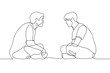Two men are sitting opposite each other in Turkish (pose Sukhasana, squat cross legged) their backs are bent, they leaned forward towards each other. One continuous line drawing profile of two friends