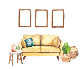 Watercolour hand painted home living room interior furniture illustration isolated on white background