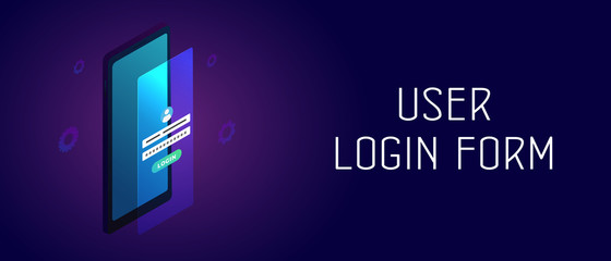 Poster - User Login Form on Mobile phone screen. Isometric smartphone with blue screen and authentication or sign up form with login and password fields. UI UX Header and footer banner template with text