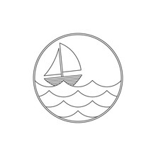 Yacht In Ocean, Line Drawing. Black White Vector Minimalist Design In Circle Shape
