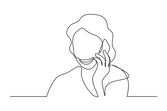 Woman talking on mobile phone in continuous line art drawing style. Minimalist black linear sketch isolated on white background. Vector illustration