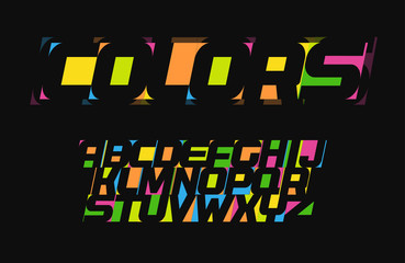 Aufkleber - Colored letters, modern happy alphabet, joy coloring font, negative space letters, vector bold and italic create art typography design on black background.