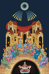 White Sunday. The descent of the Holy Spirit upon the Apostles. Pentecost illustration in byzantine style