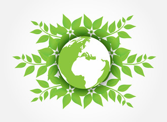 ecology concept. green earth , green leaf paper art on white background. vector.