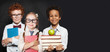 © millaf - Happy kids students school girl and boys on blackboard background. Back to school concept
