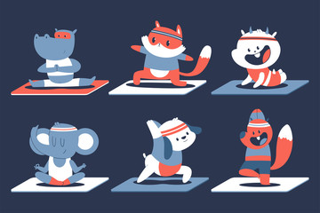 Cute animal yoga for kids vector cartoon characters set isolated on background.