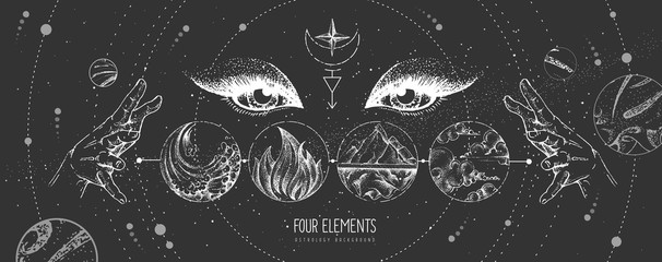 Wall Mural - modern magic witchcraft card with solar system, four elements and fortune teller eyes. hand drawing 