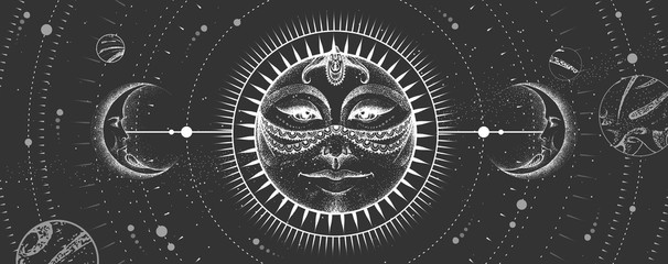 Wall Mural - modern magic witchcraft card with astrology sun and moon sign with human face on outer space backgro