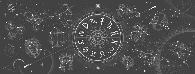 astrology wheel with zodiac signs on constellation map background. realistic illustration of zodiac 