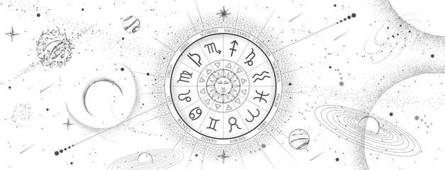 Wall Mural - astrology wheel with zodiac signs on outer space background. star map. horoscope vector illustration