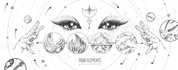 Wall Mural - modern magic witchcraft card with solar system, four elements and fortune teller eyes. hand drawing 