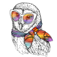 Hand Drawn Fashion Illustration Of Barn Owl With Sunglasses. Vector Illustration