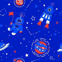Wall Mural - space vector seamless pattern. kids bright blue outer space background. flat cartoon rocket, astrona