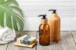 Wooden pump soap bottle and solid soap dish