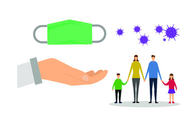 Coronavirus vector concept: Offering face mas to a family surrounded by Covid-19