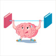 The brain weight lifter. The brain becomes stronger with the help of reading books. Vector character, icon, suitable for the logo of reading courses, speed reading training, school, etc.