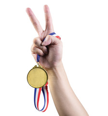 Sticker - isolated hand holding gold medal on white background.