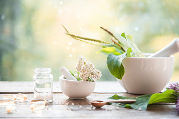 homeopathic granules, medicinal herbs on a natural wooden table on a natural background. alternative