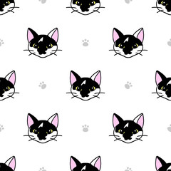 Wall Mural - Seamless pattern with cute black and white cat heads. Texture for wallpapers, stationery, fabric, wrap, web page backgrounds, vector illustration