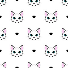 Wall Mural - Seamless pattern with cute black and white cat heads. Texture for wallpapers, stationery, fabric, wrap, web page backgrounds, vector illustration