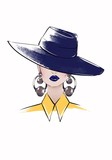 Fototapeta  - illustration sketch of a woman in a blue hat covering her eyes with big earrings and blue lips
